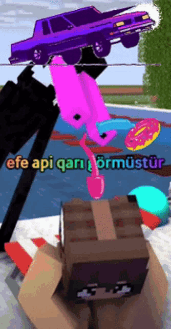 a purple car is flying over a swimming pool with the words efe api qara ormustur written on the bottom