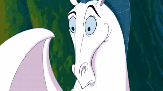a close up of a cartoon horse with a surprised look on it 's face