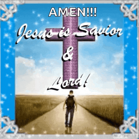a picture of a man walking towards a cross that says amen jesus is savior and lord