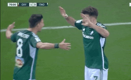 two soccer players are hugging each other on a field