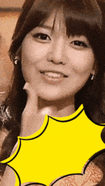 a close up of a woman 's face with a yellow background
