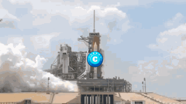 a rocket is being launched with the letter c on it