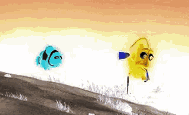 a blue fish and a yellow fish are flying in the air .