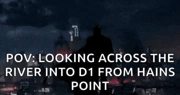 a picture of a city with a caption that says looking across the river into d1 from hains point