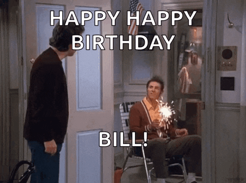 a man is holding a sparkler in front of another man who says happy happy birthday bill