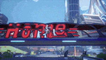 a futuristic city with a sign that says " home "