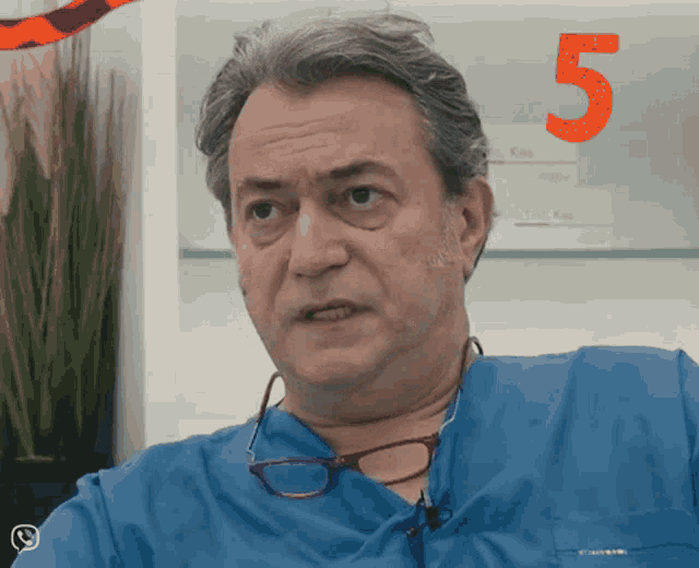 a man wearing glasses and a blue scrub with the number 5 on the bottom