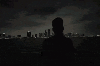 a silhouette of a person looking at a city skyline at night