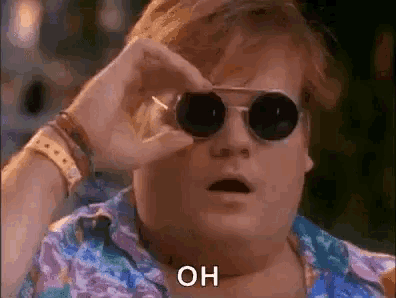 a fat man wearing sunglasses is looking through a pair of binoculars and saying `` oh '' .