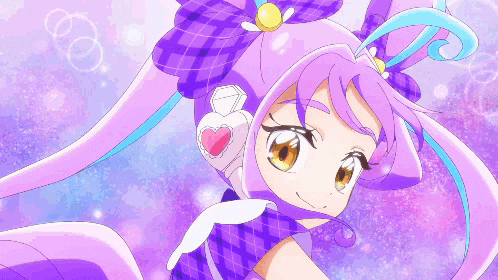 a cartoon character with purple hair and a heart shaped earring