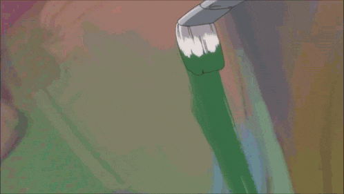 a cartoon drawing of a person holding a knife and a brush