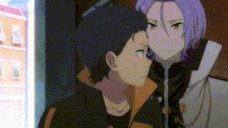 a man and a woman are standing next to each other in an anime scene .