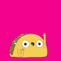 a cartoon taco says hola and adios in speech bubbles