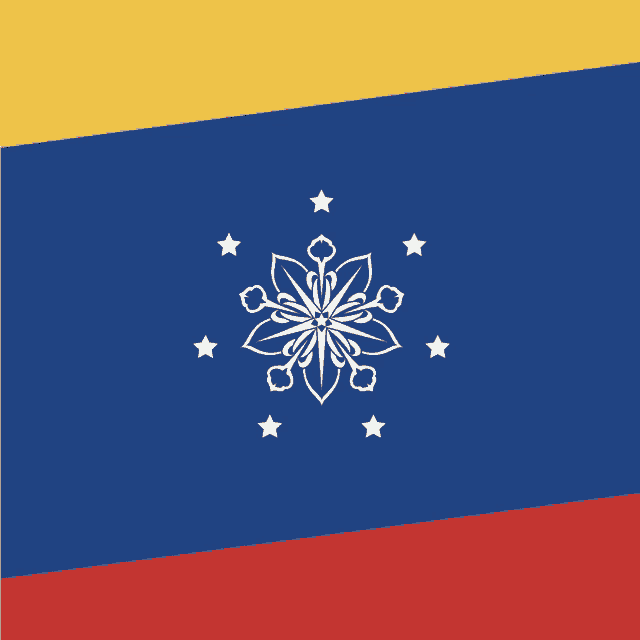 a blue yellow and red flag with white stars and a flower in the middle