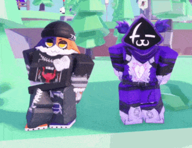 two cartoon characters are standing next to each other with one wearing a purple outfit with a hood and the letter f on it