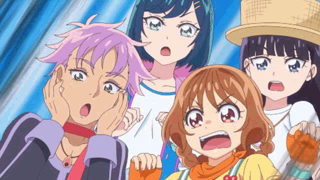 a group of anime girls are standing together with their mouths open