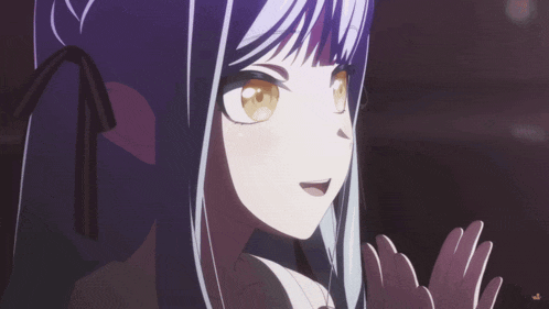 a close up of a girl 's face with purple hair and yellow eyes
