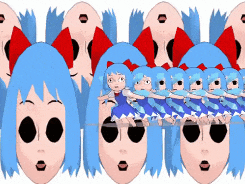 a bunch of cartoon characters with blue hair and red bows on their heads