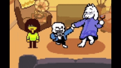 a video game scene with a skeleton , a cat , and a dog dancing in a living room .