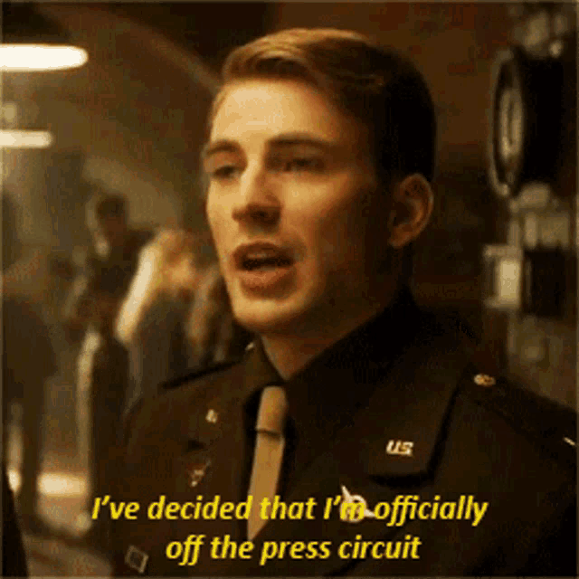 a man in a military uniform says " i 've decided that i 'm officially off the press circuit " .