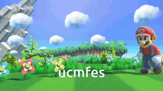 a picture of mario in a field with the words ucmfes on the bottom
