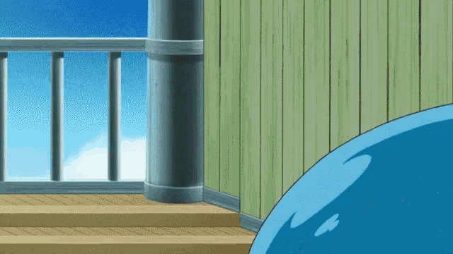 a cartoon drawing of a blue object in front of a wooden wall