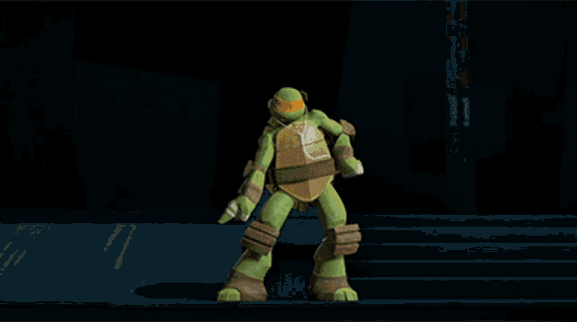 a teenage mutant ninja turtle is dancing on a set of stairs