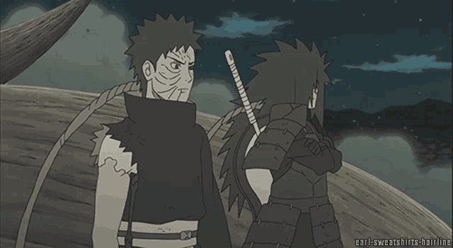 a couple of anime characters standing next to each other with ear-sweatshirts-hairline written below them