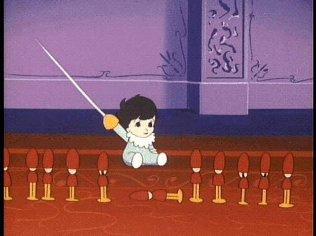 a cartoon of a boy holding a sword in front of a line of toy soldiers
