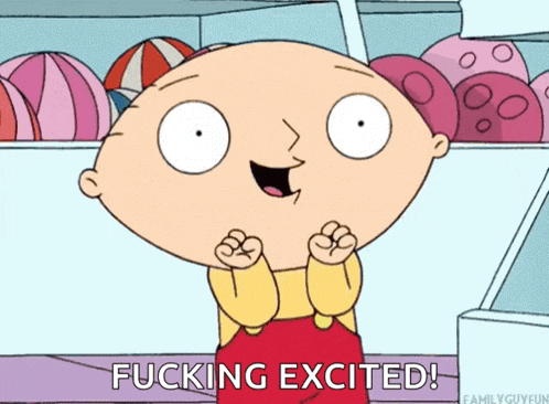 a cartoon character says " fucking excited " in front of a display of balls