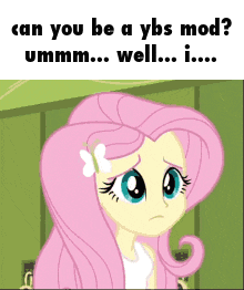 a cartoon girl with pink hair and blue eyes is asking if she can be a ybs mod