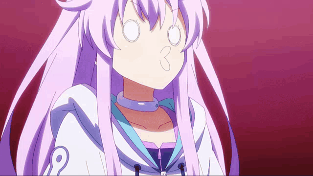 a girl with purple hair is making a funny face with her eyes closed