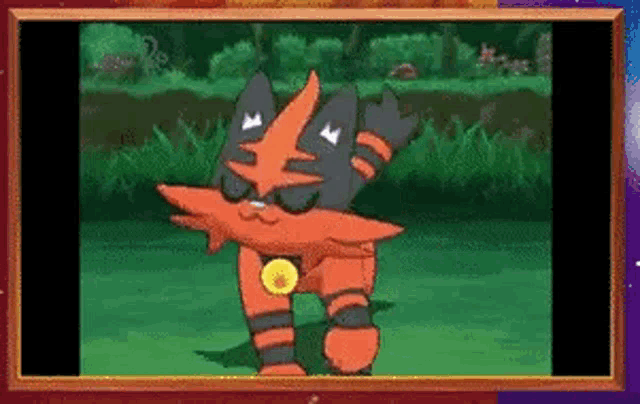 a cartoon cat is standing on its hind legs in a grassy field .