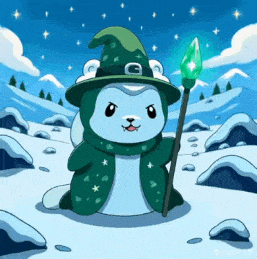 a cartoon of a polar bear dressed as a wizard holding a wand in the snow .