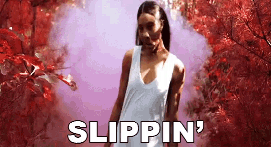 a woman in a white tank top is standing in front of a purple background with the words slippin ' written on it