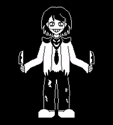 a black and white pixel art of a person holding two knives in their hands .