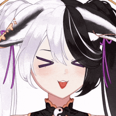 a black and white anime character with a ying yang symbol on her chest