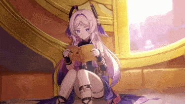 a girl with purple hair is reading a book in front of a window