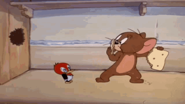 a cartoon of jerry eating a piece of bread next to a bird