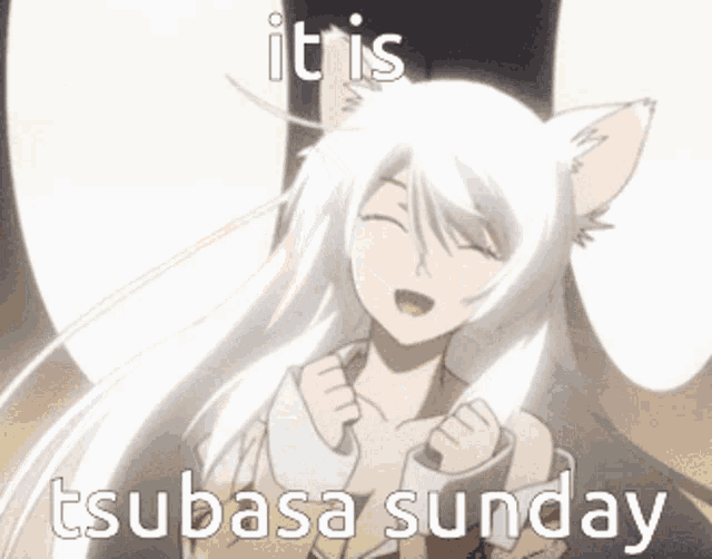 a picture of a girl with a cat ear and the words it is tsubasa sunday