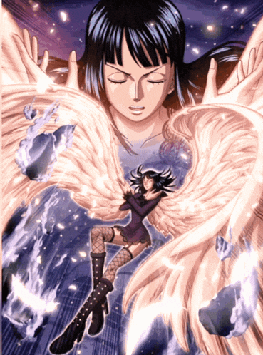 a drawing of a woman with angel wings and a purple background