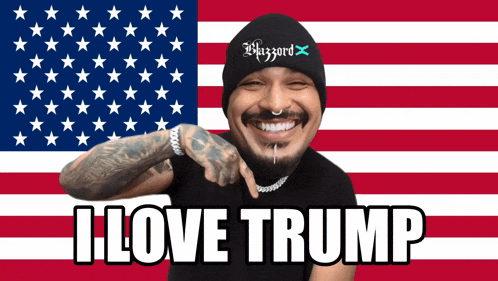 a man in front of an american flag with the words i love trump on the bottom