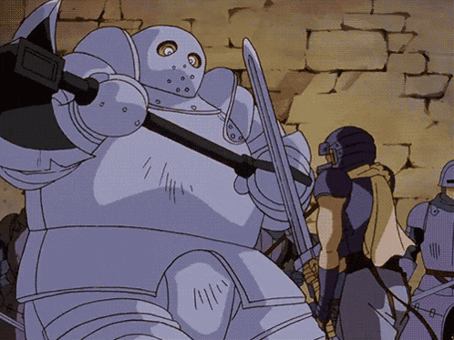 a cartoon drawing of a robot holding a sword and a hammer
