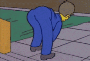 a cartoon of a man in a blue suit bending over