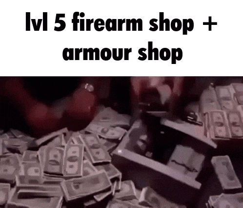 a person is standing in front of a pile of money and a gun .