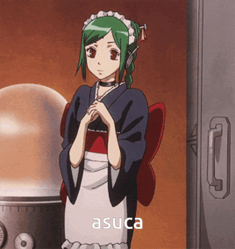 a girl with green hair is wearing a maid outfit and the word asuca is on the bottom right