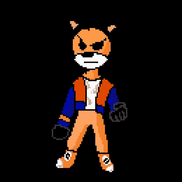 a pixel art of a fox wearing a jacket and pants with a black background .
