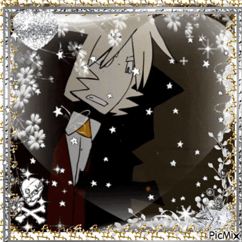 a picture of a man in a suit and tie is surrounded by flowers and stars and says picmix