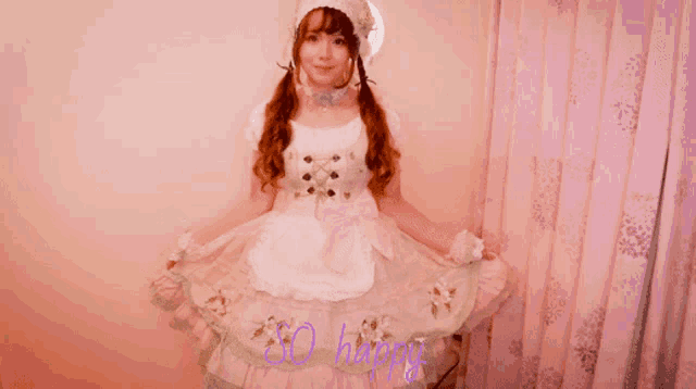 a woman in a pink dress with the word so happy written on it
