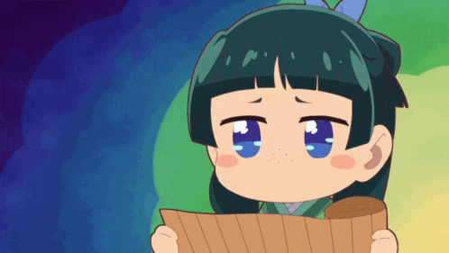 a cartoon girl with blue eyes holds a piece of paper